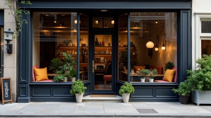 Outdoor storefront mockup of a coffee shop with plants and seating outside, creating a welcoming atmosphere.