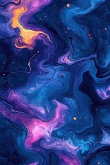 A vibrant abstract painting featuring swirling colors of deep blue, purple, and orange, evoking a cosmic and otherworldly atmosphere.