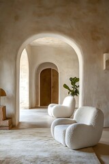 Two White Chairs in a Room with Arches and a Plant
