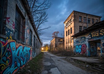 Fototapeta premium Urban Exploration Photography: Captivating Scenes Against a Dark Blue Background Featuring Abandoned Buildings, Graffiti Art, and Atmospheric Lighting in an Urban Setting