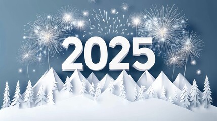 Layered paper cut-out of mountains with "2025" in the sky and fireworks bursting above, symbolizing a fresh start in the New Year.