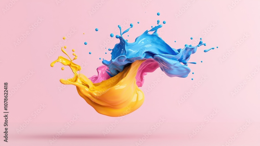 Poster vibrant splashes of color in mid-air, showcasing dynamic motion and artistic flair against a soft pi