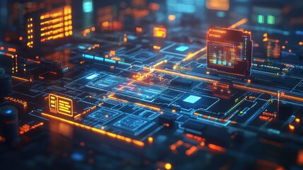 Obraz premium Abstract digital circuit board with glowing elements and data displays.