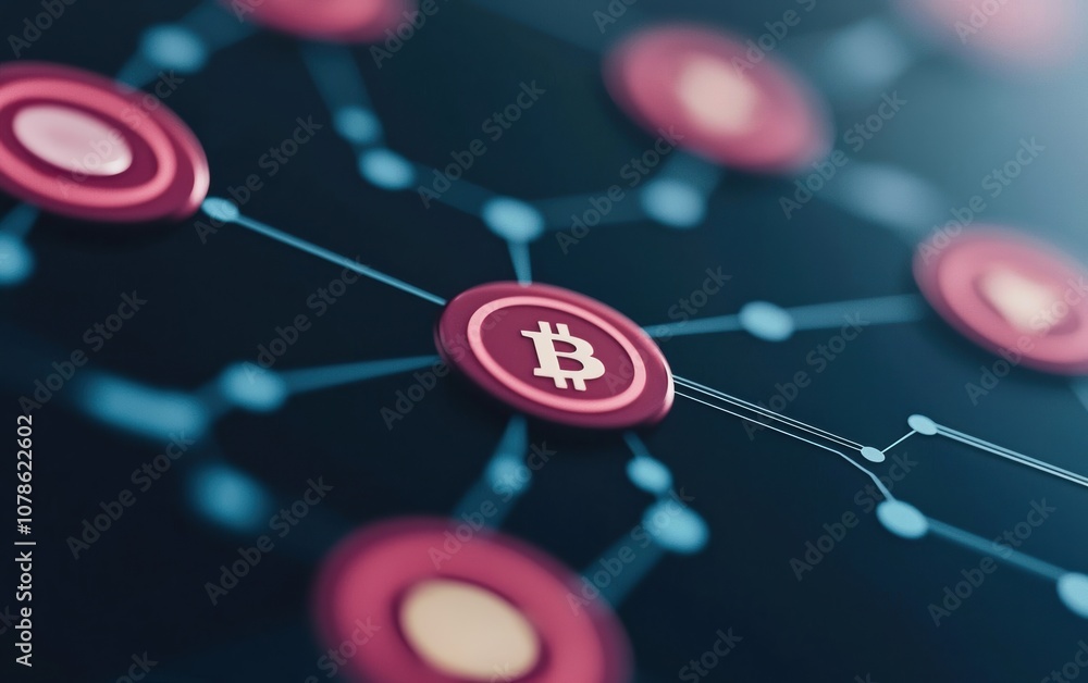 Poster close-up view of a blockchain network, highlighting bitcoin symbols connected through nodes, represe