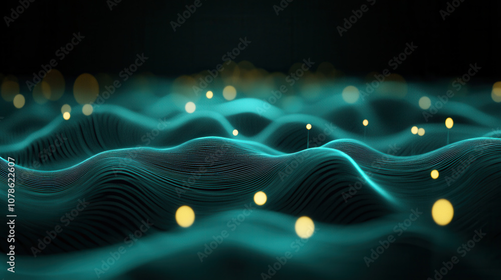 Poster digital landscape with flowing waves and glowing data streams creates mesmerizing visual experience.