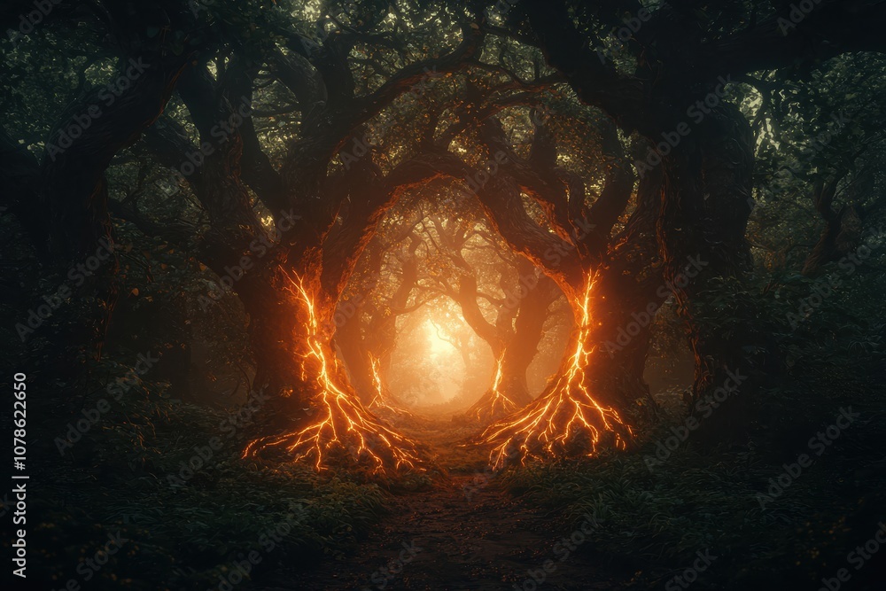 Poster enchanting forest scene with mystical trees and glowing roots, creating a captivating atmosphere shr