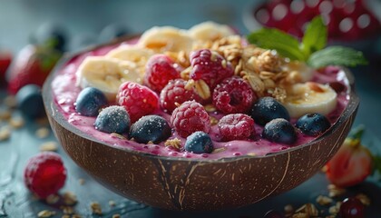 Coconut Bowl Filled with Acai Smoothie Topped with Raspberries, Blueberries, Banana, and Granola