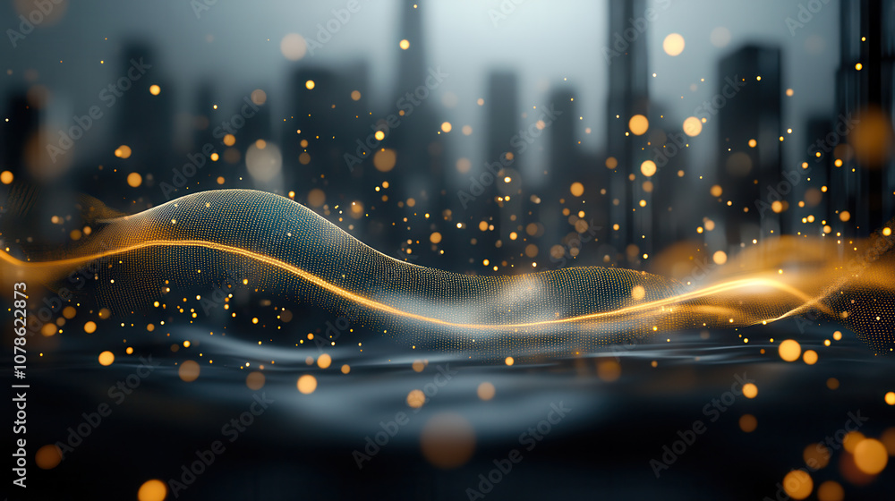 Aufkleber digital wave of data flowing through bustling cityscape, creating mesmerizing visual effect with gol