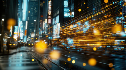Fototapeta premium digital wave of data flowing through bustling city at night, showcasing vibrant lights and motion. scene captures essence of urban life and technology
