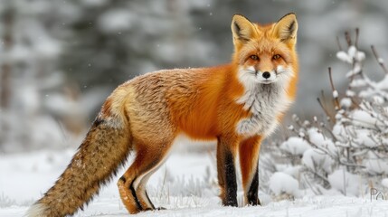 Fototapeta premium Red fox standing in snowy forest, looking directly at the camera.