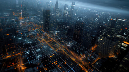 Futuristic cityscape with illuminated streets and digital overlays showcasing autonomous vehicles and advanced technology. vibrant urban environment at night