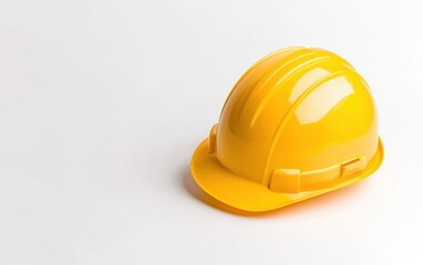 Fototapeta premium Bright yellow hard hat isolated on a clean background, symbolizing safety and construction. Ideal for industry and workplace safety themes.