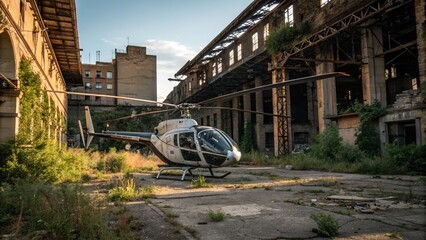 Urban Exploration Photography Featuring a Helicopter in an Abandoned Industrial Setting, Capturing the Essence of Urban Decay and Adventure in a Captivating Landscape
