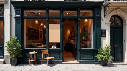 Collection of storefront sign mockups featuring cafes with blank signs above the entrance for logo placement.