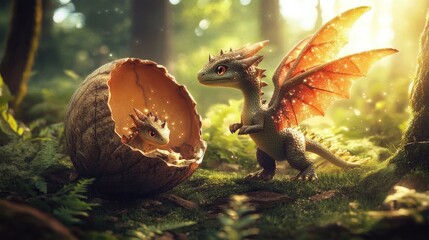 Obraz premium Charming Tiny Dinosaur in Forest Setting with Egg