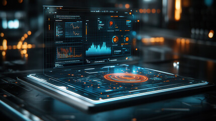 futuristic interface featuring interactive data chart with glowing elements, showcasing various analytics and metrics in high tech environment