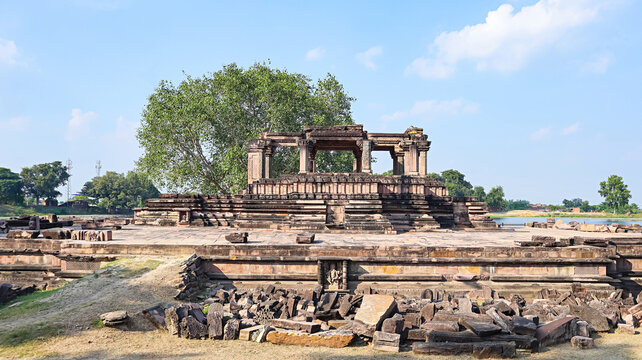 Ram Ghat with ferry boats on the Mandakini River, located in Chitrakoot, Satna, Madhya Pradesh
