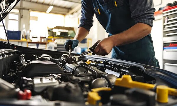 A mechanic works on a car engine, using tools to perform maintenance or repairs in a well-lit workshop.