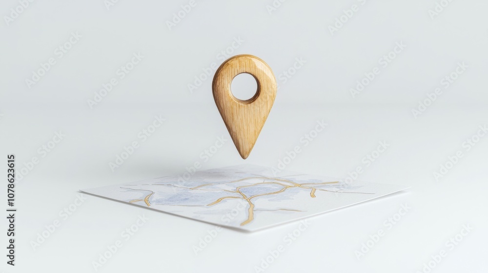 Poster a wooden location pin hovering above a map, symbolizing navigation and location services in modern d