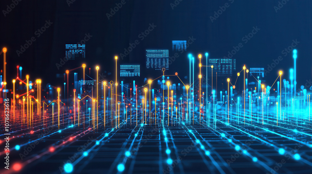 Poster futuristic digital landscape with vibrant data visualizations and graphs, showcasing technology and 