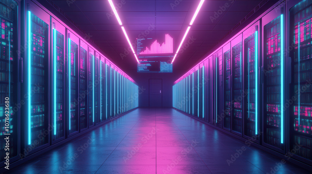 Poster futuristic data center with glowing servers and digital displays, showcasing advanced technology and