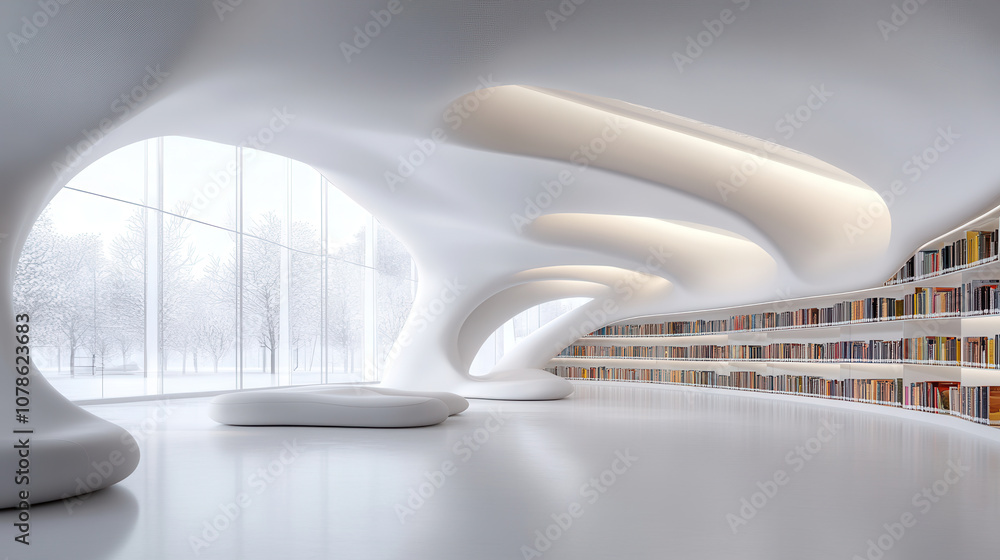 Poster futuristic library featuring digital books and sleek design, with curved architecture and ample natu