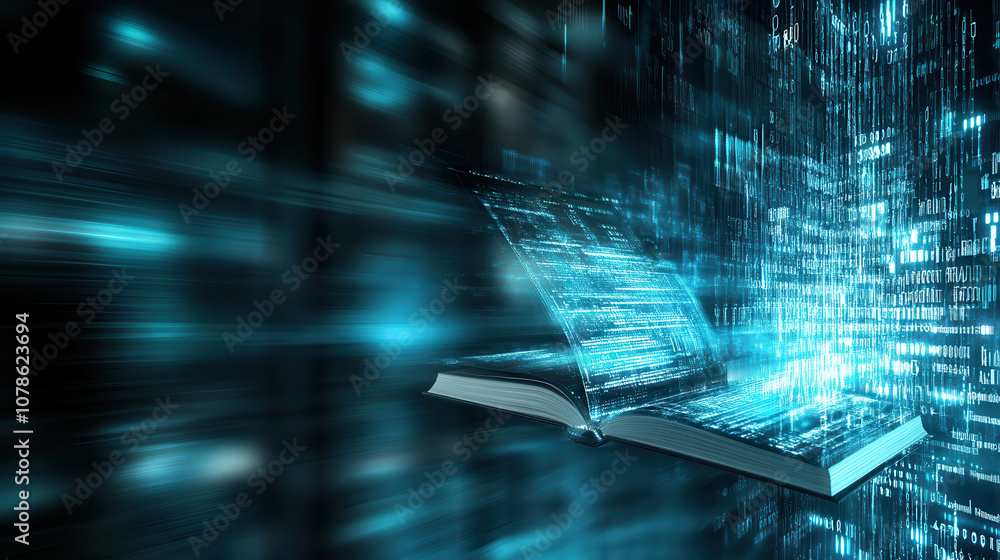 Poster futuristic library with digital books and data flowing, showcasing technology and innovation in read