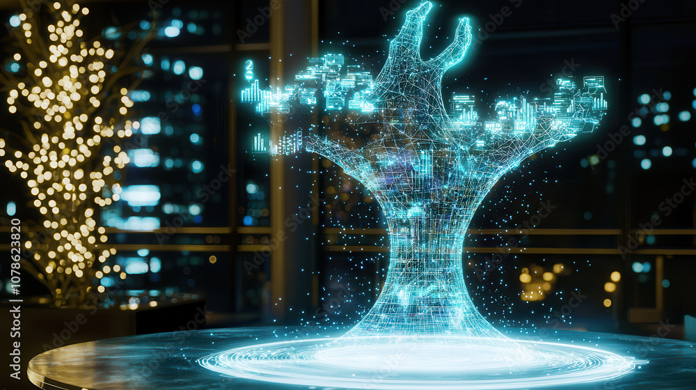 Poster futuristic digital tree structure with glowing data visualizations, symbolizing growth and technolog