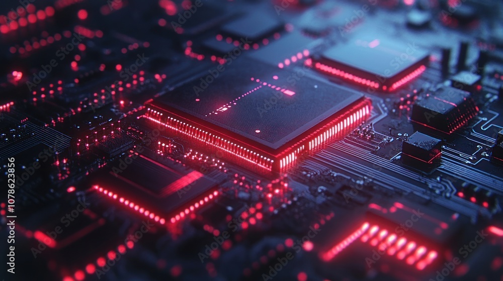 Poster a close-up shot of a red-glowing cpu on a circuit board.