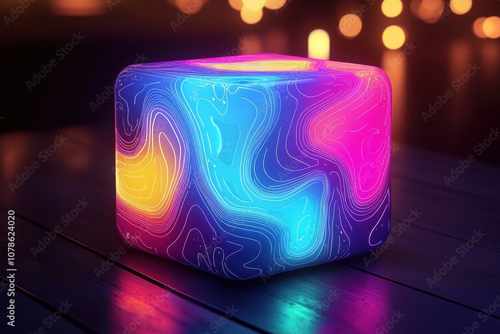 Poster a vibrant, glowing abstract cube with fluid patterns and colorful lights, creating a mesmerizing atm