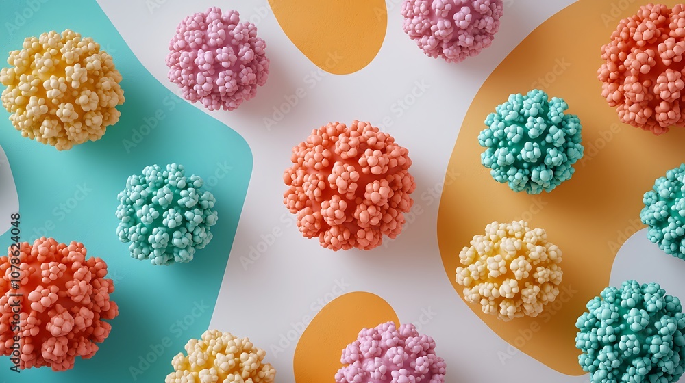 Poster vibrant abstract composition with colorful textured spheres on a white background for creative desig