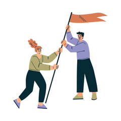 Productive Team with Business Man and Woman with Flag Work Together Vector Illustration