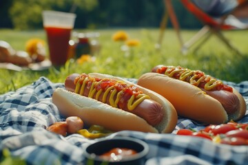 Delicious Hot Dogs on Picnic Blanket in Sunshine