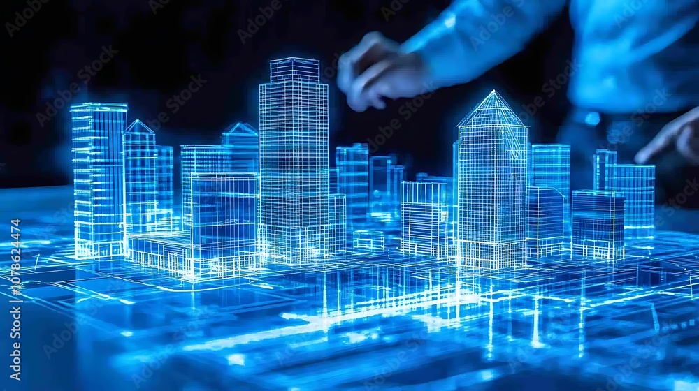 Poster virtual cityscape: a futuristic digital model representing urban development with 3d architectural s