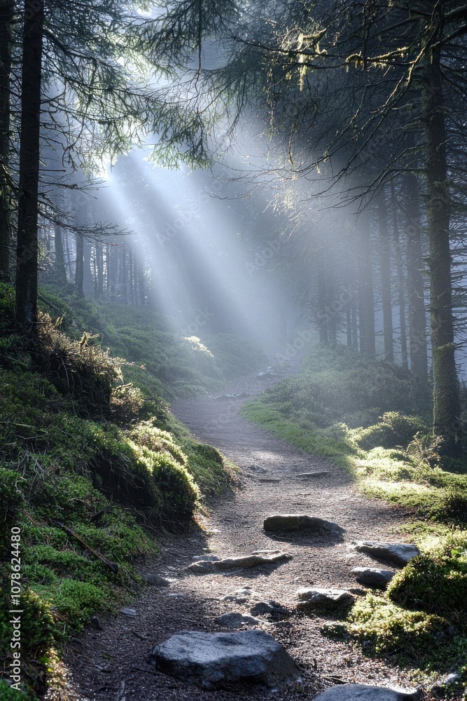 Aufkleber a serene forest path illuminated by rays of sunlight, creating a picturesque landscape with lush gre