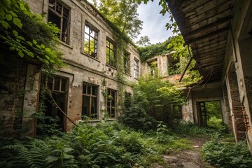Fototapeta premium Urban Exploration Photography of Abandoned Buildings with Grungy Textures and Overgrown Vegetation in a Post-Apocalyptic Setting, Capturing the Beauty of Decay and History