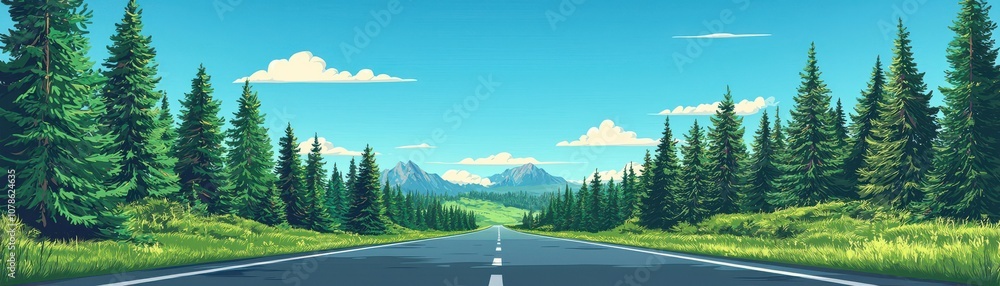 Poster A serene landscape featuring a straight road through lush green forests, with mountains in the background and a clear blue sky overhead.