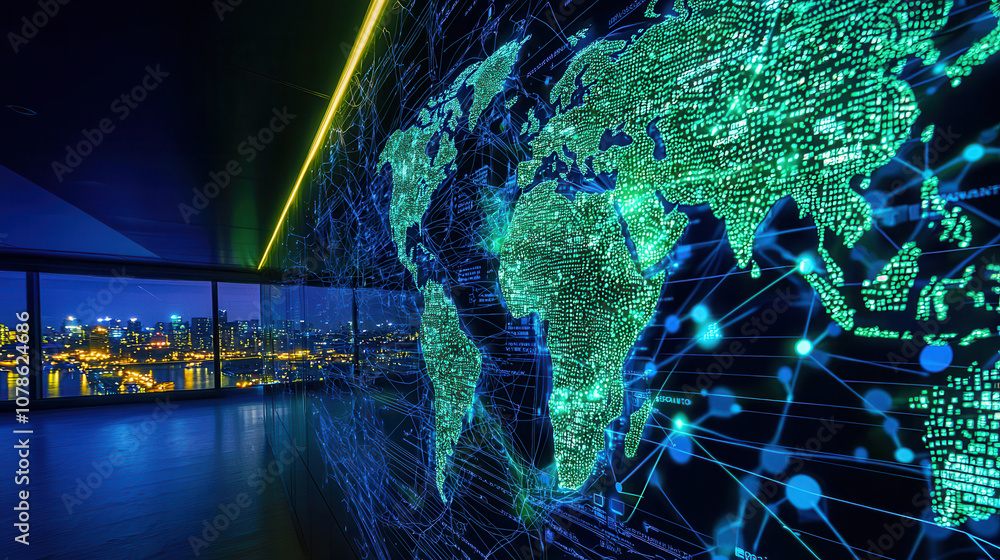 Poster modern control room with digital world map illuminated in green, showcasing data connections and cit