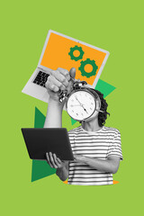 Vertical poster collage headless woman workaholic remote job freelancer alarm bell hour deadline...