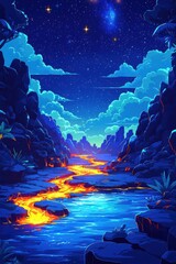 A vibrant landscape featuring a glowing lava river meandering through rocky terrain under a starry night sky, evoking a sense of adventure.