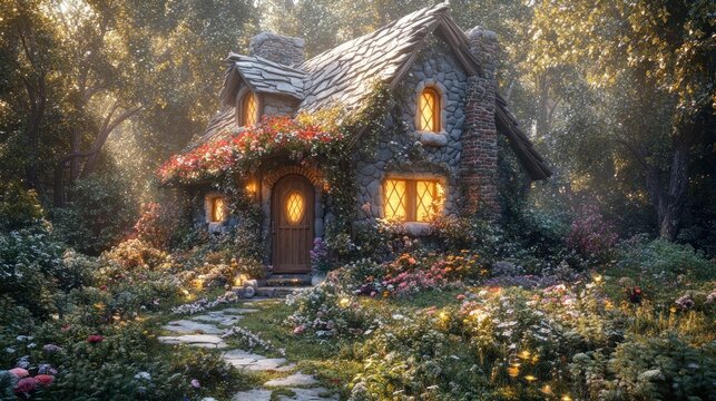 A charming stone cottage nestled in a lush, fairytale-like forest, bathed in the warm glow of the setting sun.