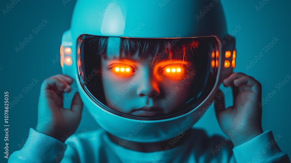 Poster futuristic child in space helmet with glowing eyes captivating imagination and adventure in an unexp