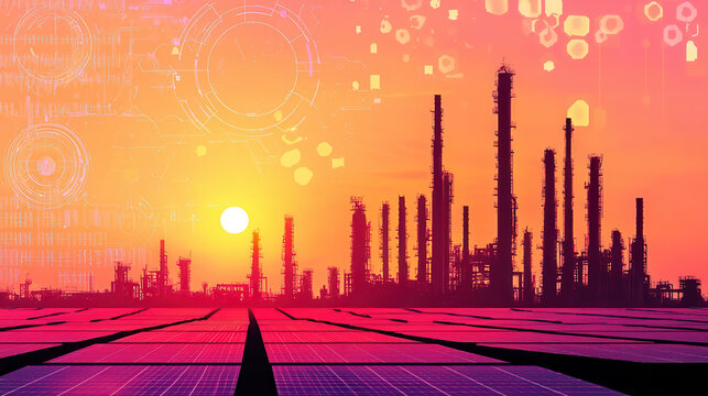 Modern industrial facility at dawn with solar panels, showcasing vibrant sunset and advanced technology. scene evokes sense of innovation and sustainability