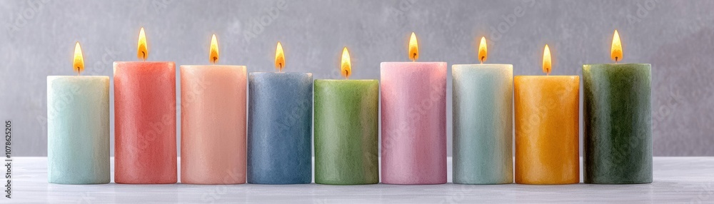 Poster a serene display of colorful candles lined up, each flickering softly, creating a warm and inviting 