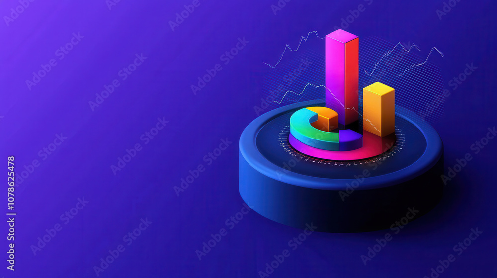 Poster innovative data visualization with colorful 3d graphs on purple background, showcasing modern analyt