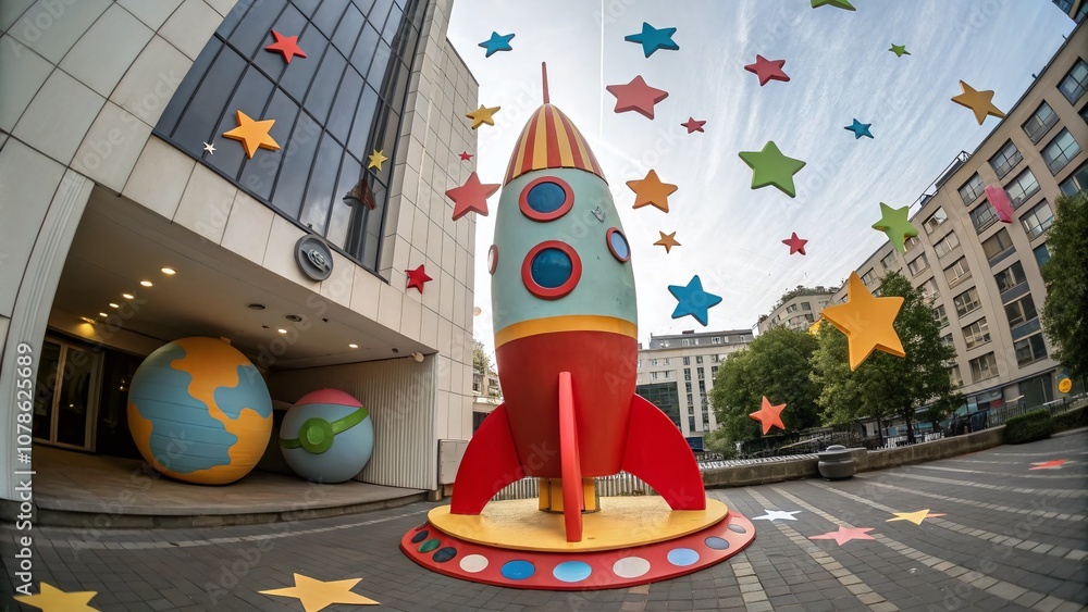 Poster vibrant 3d cartoon rocket floating in the sky with stars and planets, ideal for educational and crea