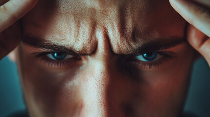 Detailed shot of a personâs forehead and eyes, deeply concentrated, as if in the midst of problem-solving.