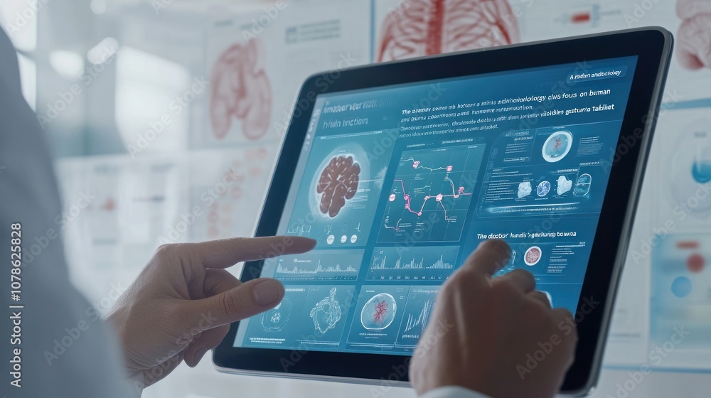 Poster a person interacting with a tablet displaying brain-related medical data and graphics.
