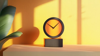 A modern clock on a shelf with warm lighting and a plant in the background.
