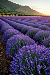 Obraz premium A stunning lavender field in full bloom during sunset, showcasing vibrant purple rows against a serene mountain backdrop.
